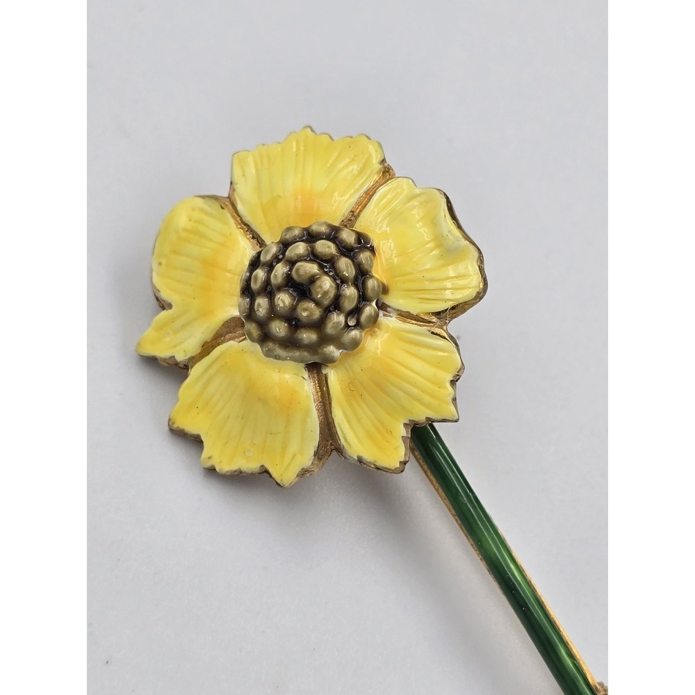 Vintage Sandor Co Yellow Enamel Flower Stick Pin Brooch‎ Gold Tone Green Stem